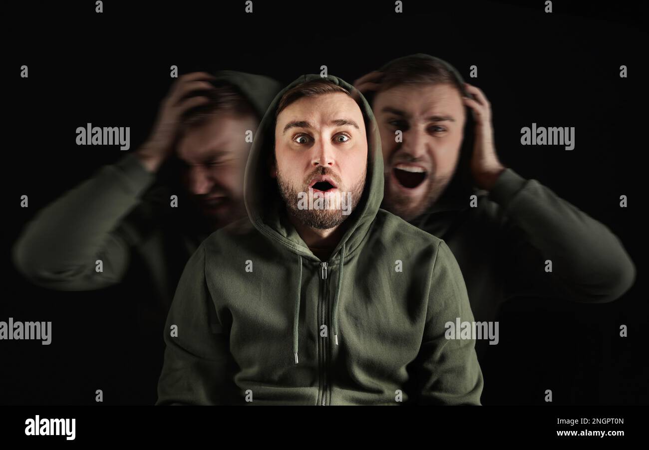 Uomo con disturbo di personalità su sfondo scuro, esposizione multipla Foto Stock