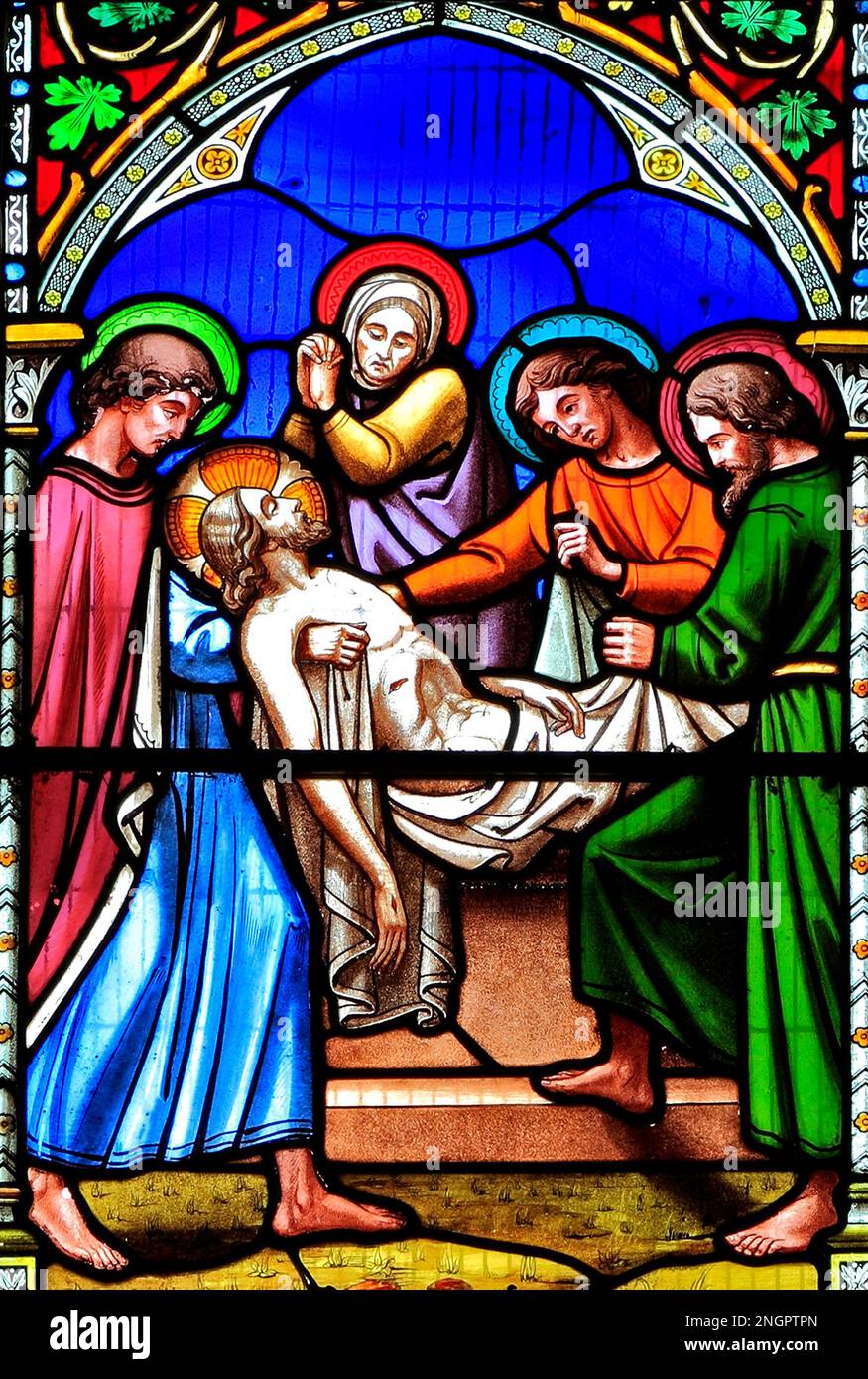 Storia di Pasqua, Entombment di Gesù, vetrate, di William Warrington, 1854, Gunthorpe, Norfolk, Inghilterra, Regno Unito Foto Stock