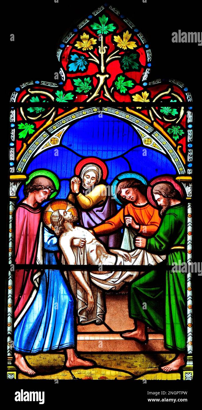 Storia di Pasqua, Entombment di Gesù, vetrate, di William Warrington, 1854, Gunthorpe, Norfolk, Inghilterra, Regno Unito Foto Stock