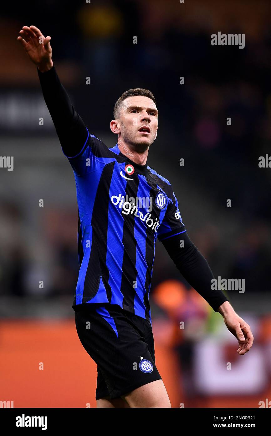 Milano, Italia. 18 febbraio 2023. Robin Gosens del FC Internazionale gesta alla fine della Serie Una partita di calcio tra FC Internazionale e Udinese Calcio. Credit: Nicolò campo/Alamy Live News Foto Stock