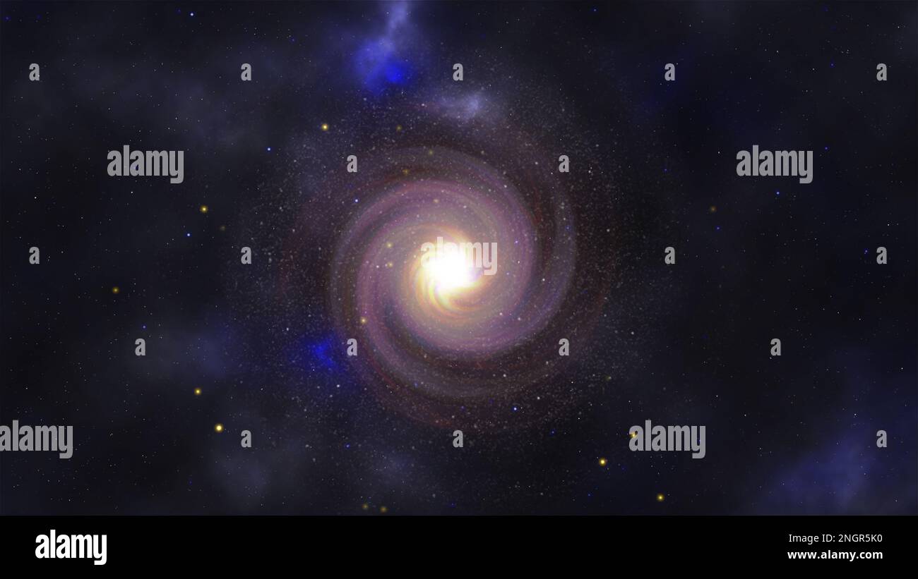 Galassia a spirale realistica con stelle blu e rosse su sfondo scuro. Foto Stock