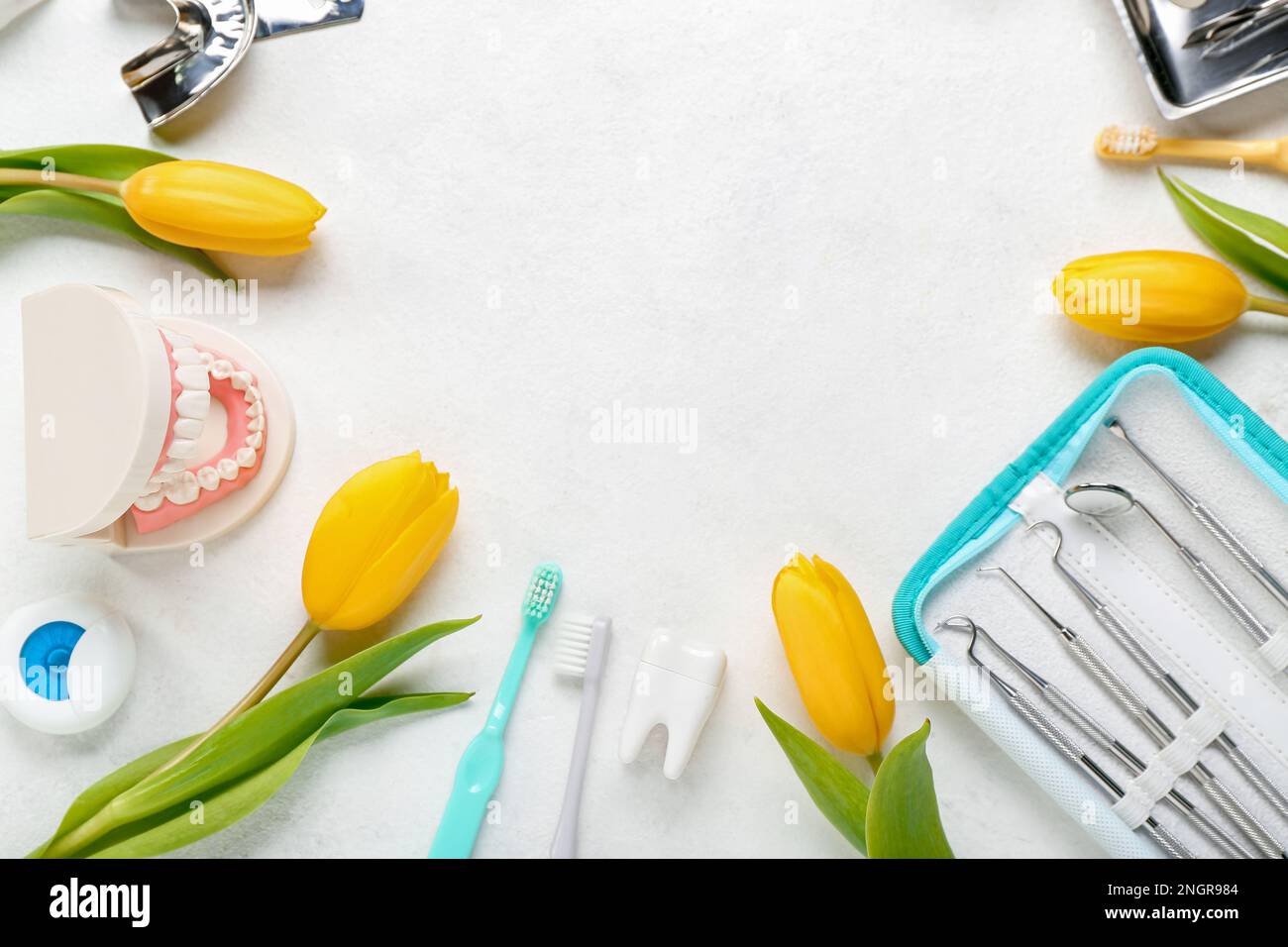 Cornice in tulipani e utensili dentistici su sfondo bianco. Ciao primavera Foto Stock