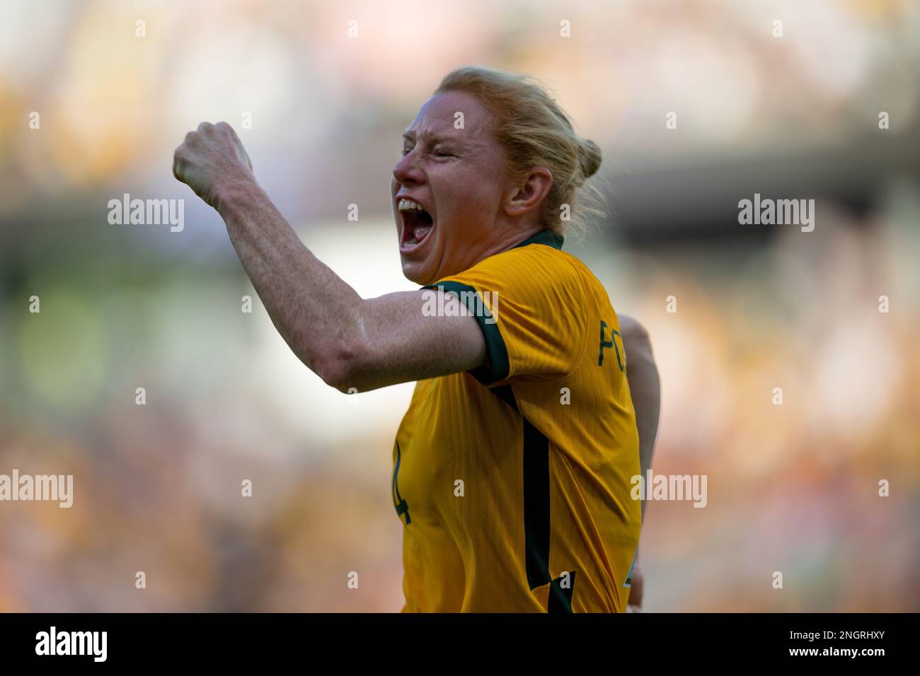 Sydney, Australia. 19th Feb, 2023. Clare Polkinghorne of Australia celebra il gol durante la Coppa delle Nazioni partita tra l'Australia Matildas e la Spagna al Commbank Stadium il 19 febbraio 2023 a Sydney, Australia. (Foto : Izhar Khan) IMMAGINE LIMITATA AD USO EDITORIALE - RIGOROSAMENTE NESSUN USO COMMERCIALE Credit: Izhar Ahmed Khan/Alamy Live News/Alamy Live News Foto Stock