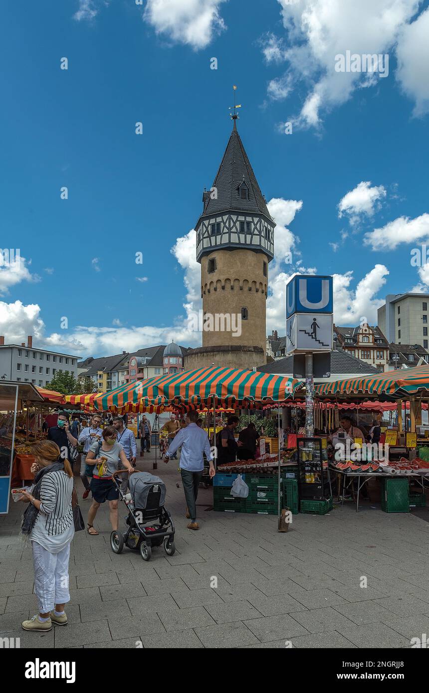 Bockenheimer mercato ortofrutticolo, mercato settimanale sulla Bockenheimer Warte, Francoforte, Germania Foto Stock