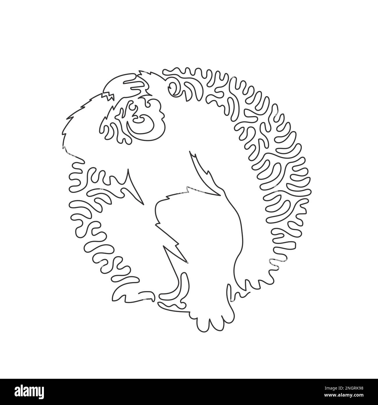 Disegno a singola linea riccia di carino scimpanzé astratto arte Immagine vettoriale del tratto modificabile a riga singola di un simpatico scimpanzé per logo Illustrazione Vettoriale