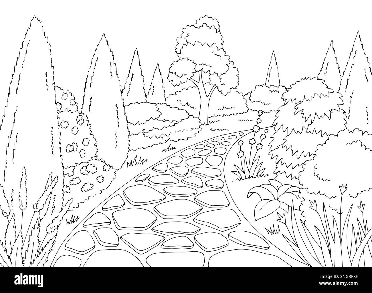 Grafica da giardino nero bianco disegno orizzontale illustrazione vettore Illustrazione Vettoriale