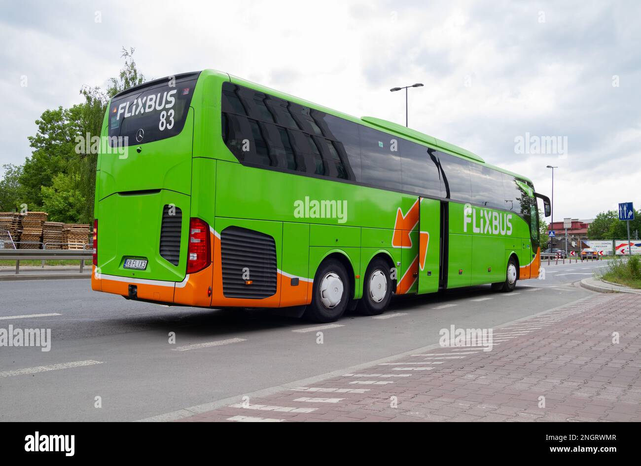 FlixBus compagnia di viaggio autobus, che offre servizio di pullman interurbano a Cracovia, Polonia. Foto Stock