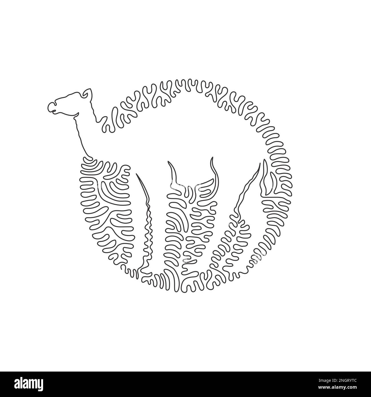 Curva continua disegno a una linea di disegno astratto di cammello in piedi in cerchio. Illustrazione di un amabile cammello del vettore di tratto modificabile a linea singola Illustrazione Vettoriale