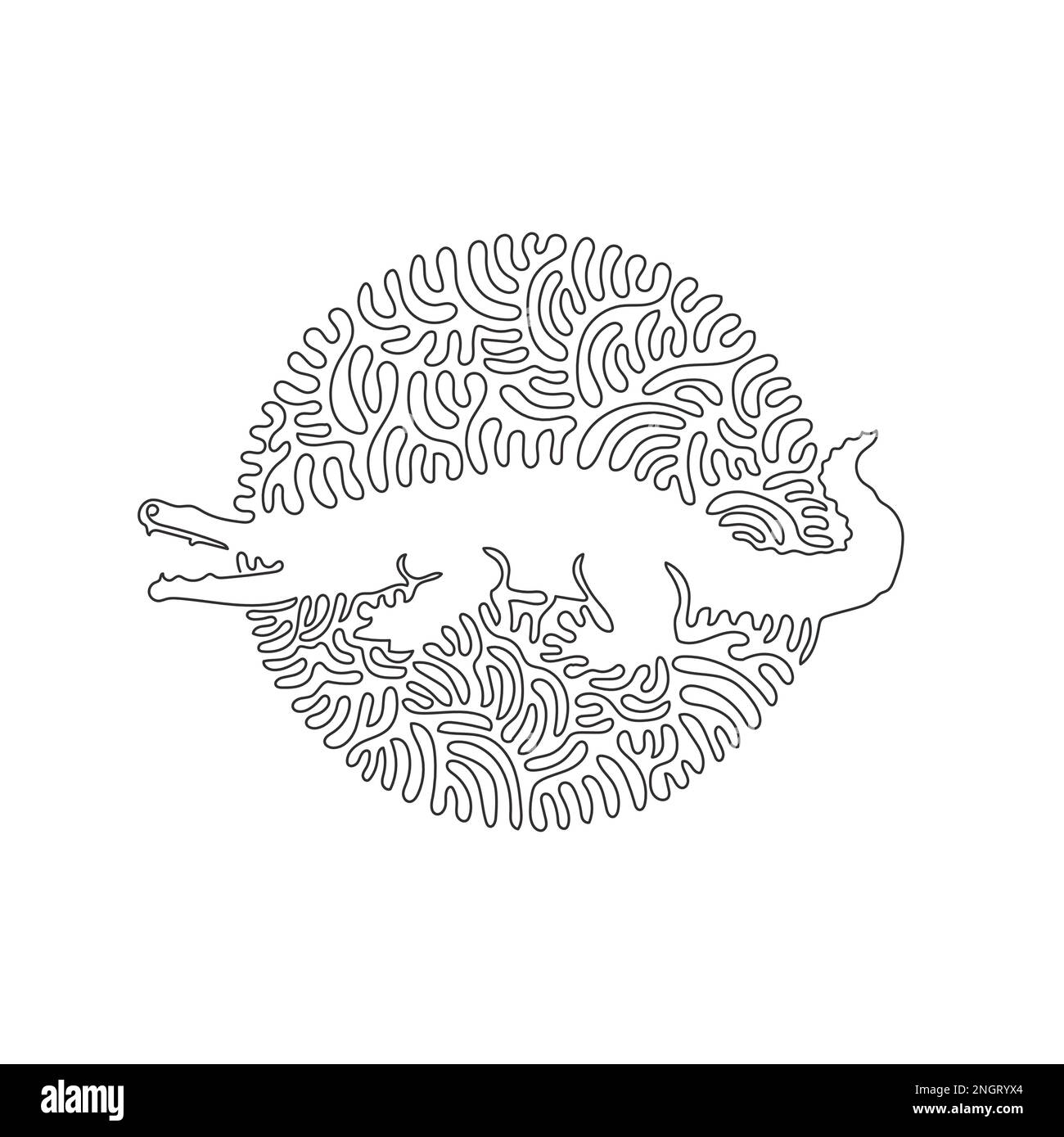 Curva continua disegno a linea di arte astratta predatoria dell'alligatore in cerchio. Illustrazione del vettore di tratto modificabile a riga singola di un alligatore raccapricciante Illustrazione Vettoriale