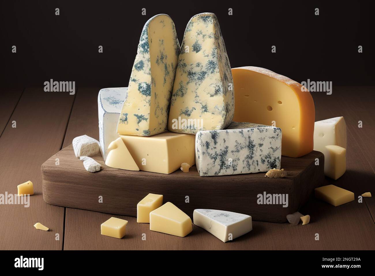 Vari tipi di formaggio su tavola di legno nero. Diversi tipi di formaggio. Vari tipi di formaggi su sfondo di legno scuro. Diversi colori del mestiere c Foto Stock