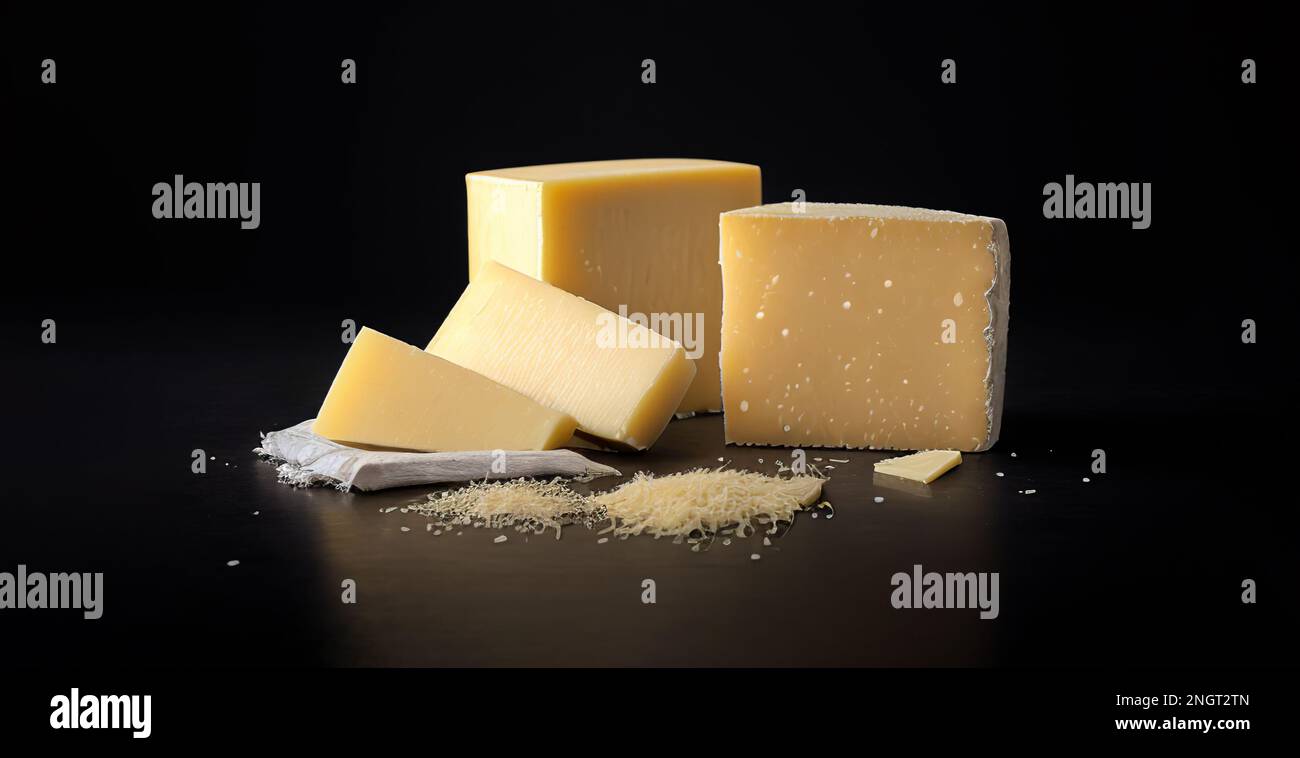 parmigiano su fondo scuro. Parmigiano grattugiato su fondo nero, parmigiano, piccola ciotola di formaggio tradizionale italiano duro macinato. Gene Foto Stock
