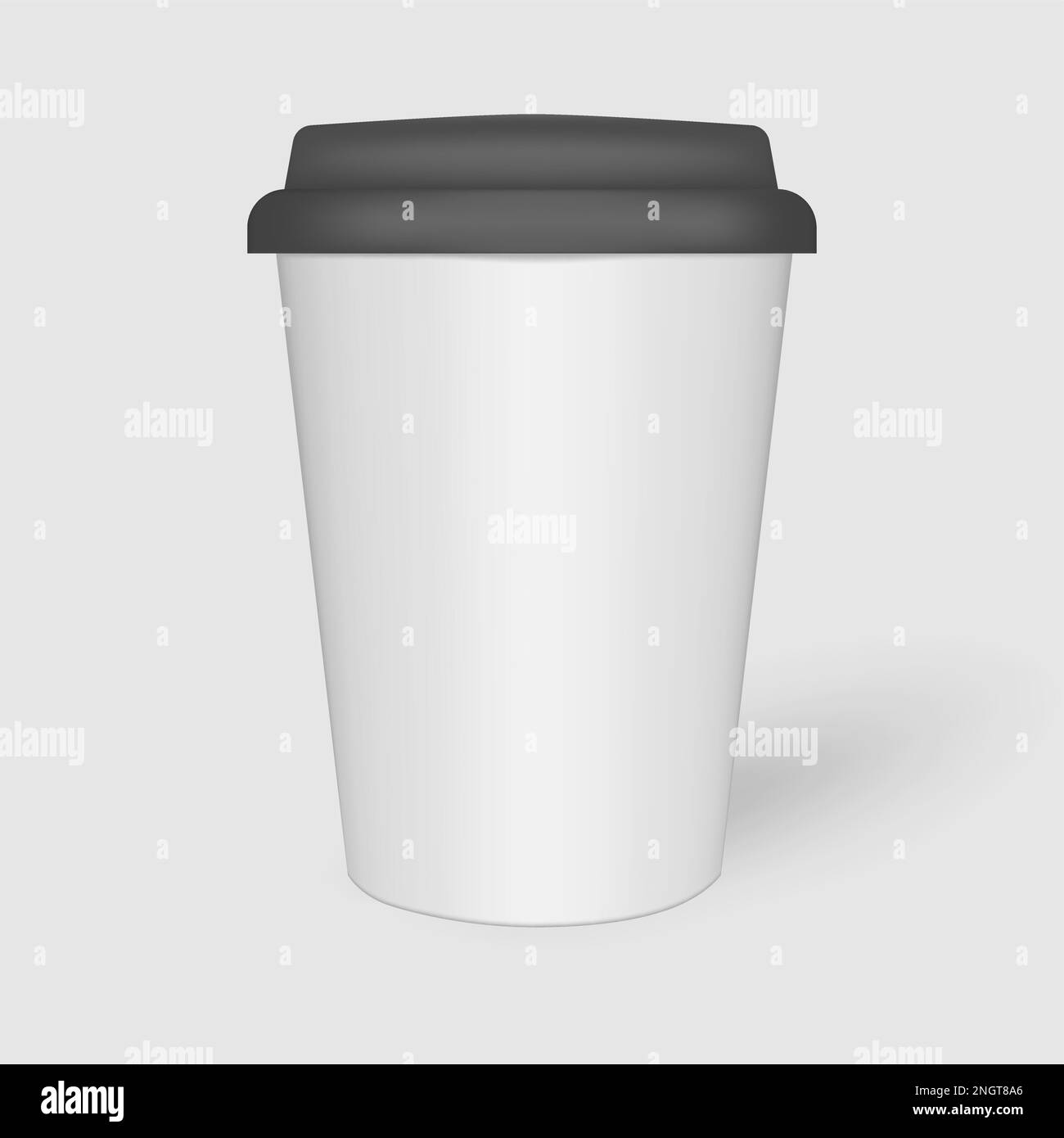 Tazza da caffè in carta bianca con coperchio in plastica nera, mock-up. Tazza da viaggio per bevande calde e fredde, mockup. Modello vettore Illustrazione Vettoriale