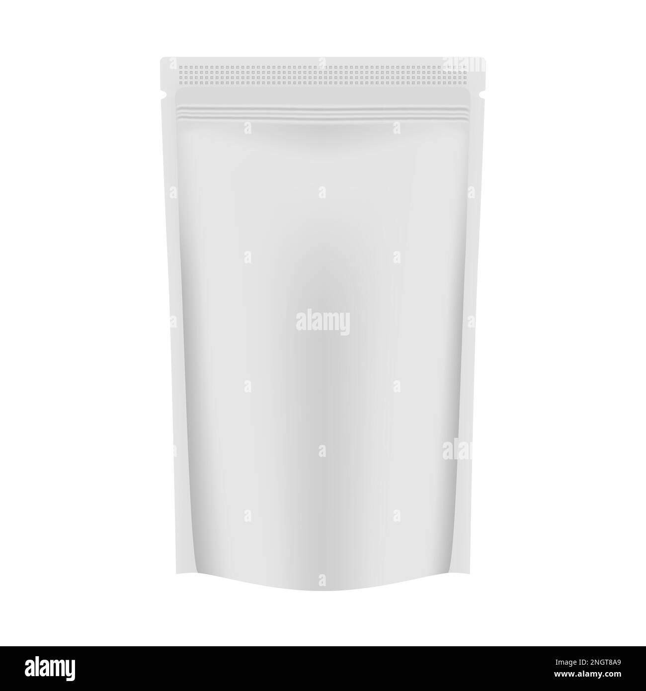 Astuccio vuoto con chiusura lampo isolato su sfondo bianco, mockup vettoriale. Sacchetto per conservare gli alimenti con chiusura a zip e tacche sulla parte superiore Illustrazione Vettoriale