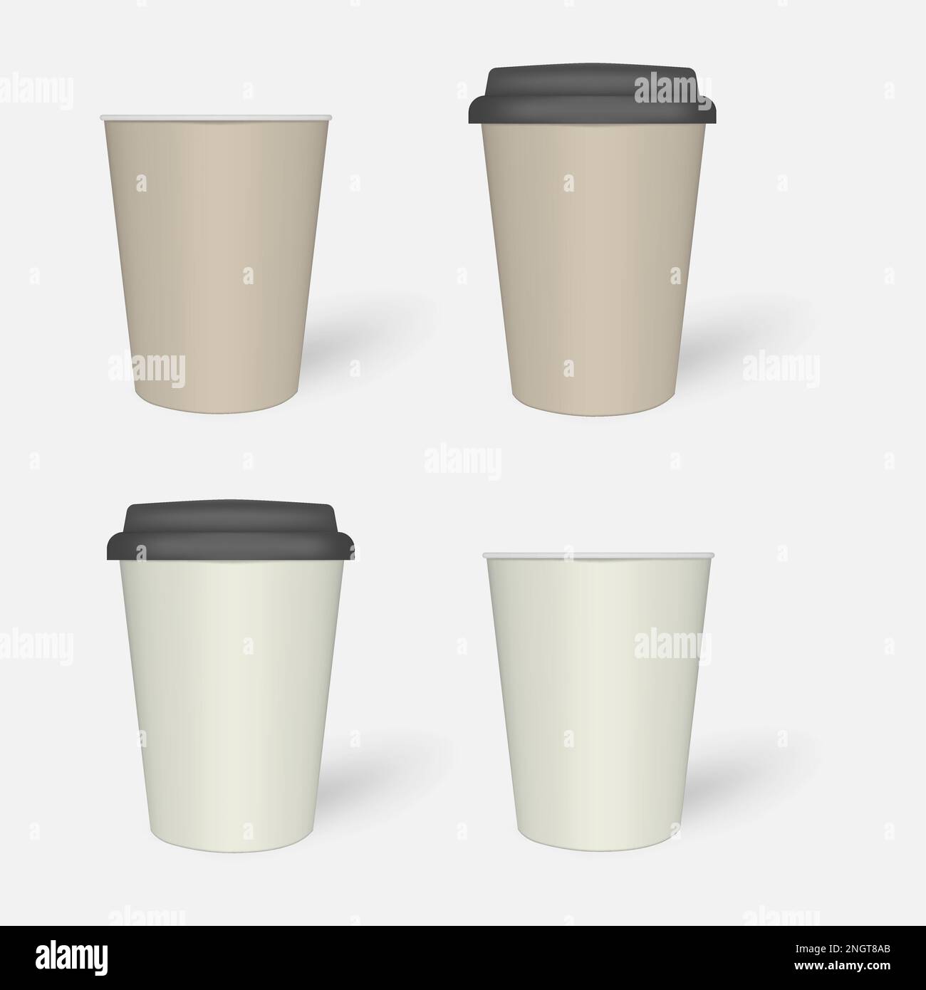 Tazza da caffè in carta con coperchio nero, mock-up. Tazza da bere da asporto, mockup realistico. Modello vettore Illustrazione Vettoriale