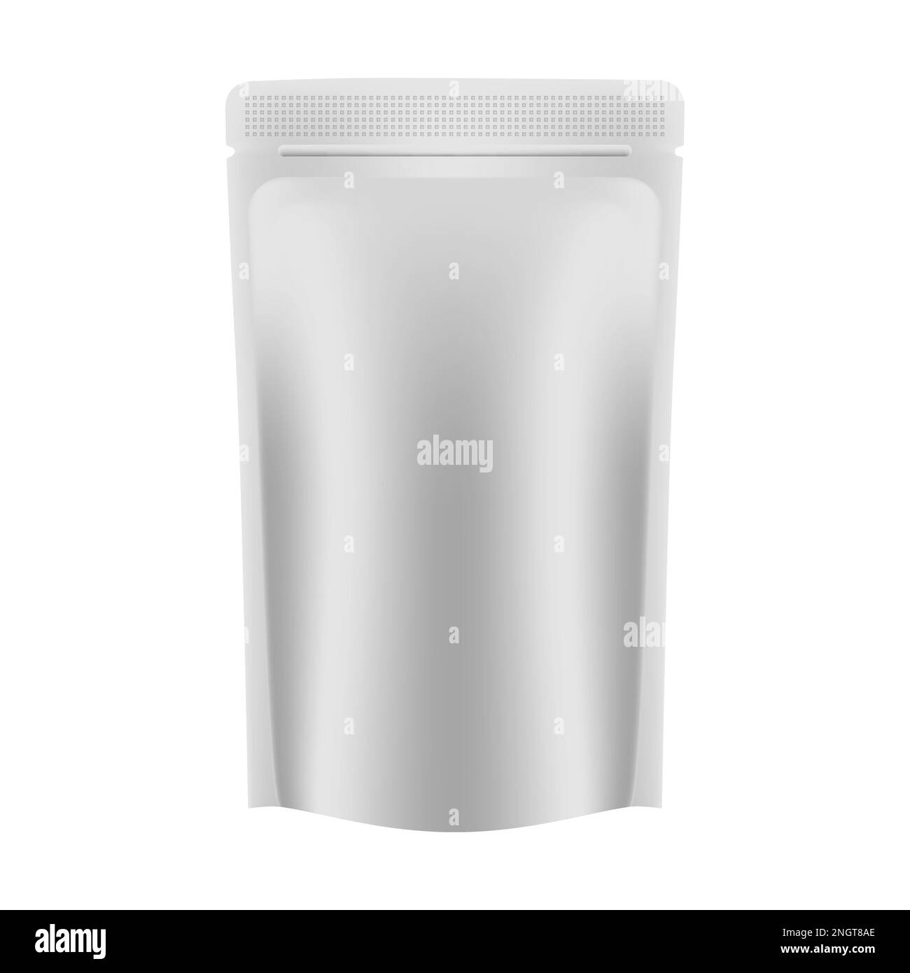 Astuccio vuoto per supporto isolato su sfondo bianco, realistico mockup vettoriale. Sacchetto per la conservazione degli alimenti con tacche di strappo sulla parte superiore, modello Illustrazione Vettoriale