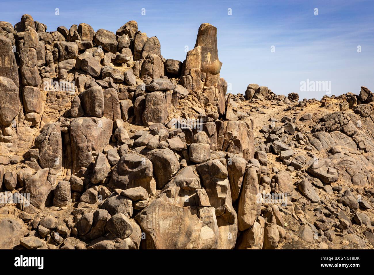 Antichi geroglifi egiziani. Isola Seheil di Assuan, più conosciuta per la carestia Stele Carving. Assuan. Egipt. Africa. Foto Stock