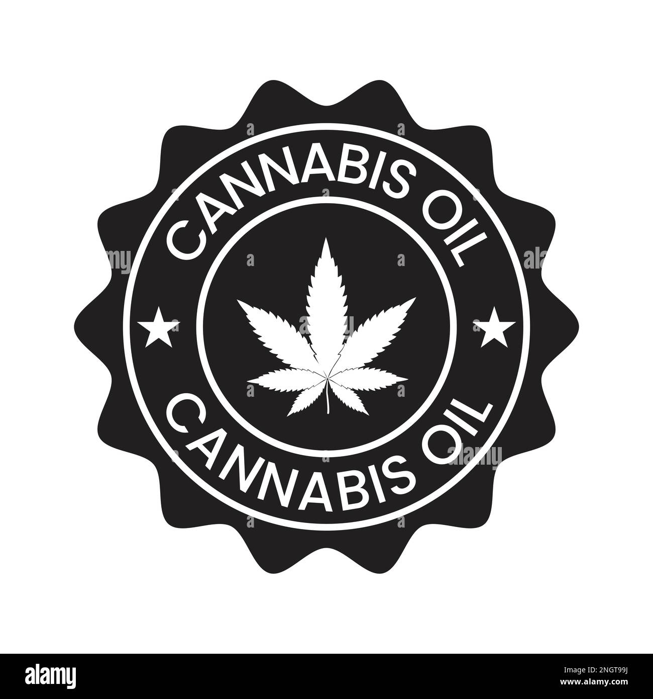 Etichetta del distintivo dell'olio di cannabis vettore icona, etichetta dell'olio del cbd, olio di canapa, foglia di marijuana, disegno dell'icona del sigillo Illustrazione Vettoriale