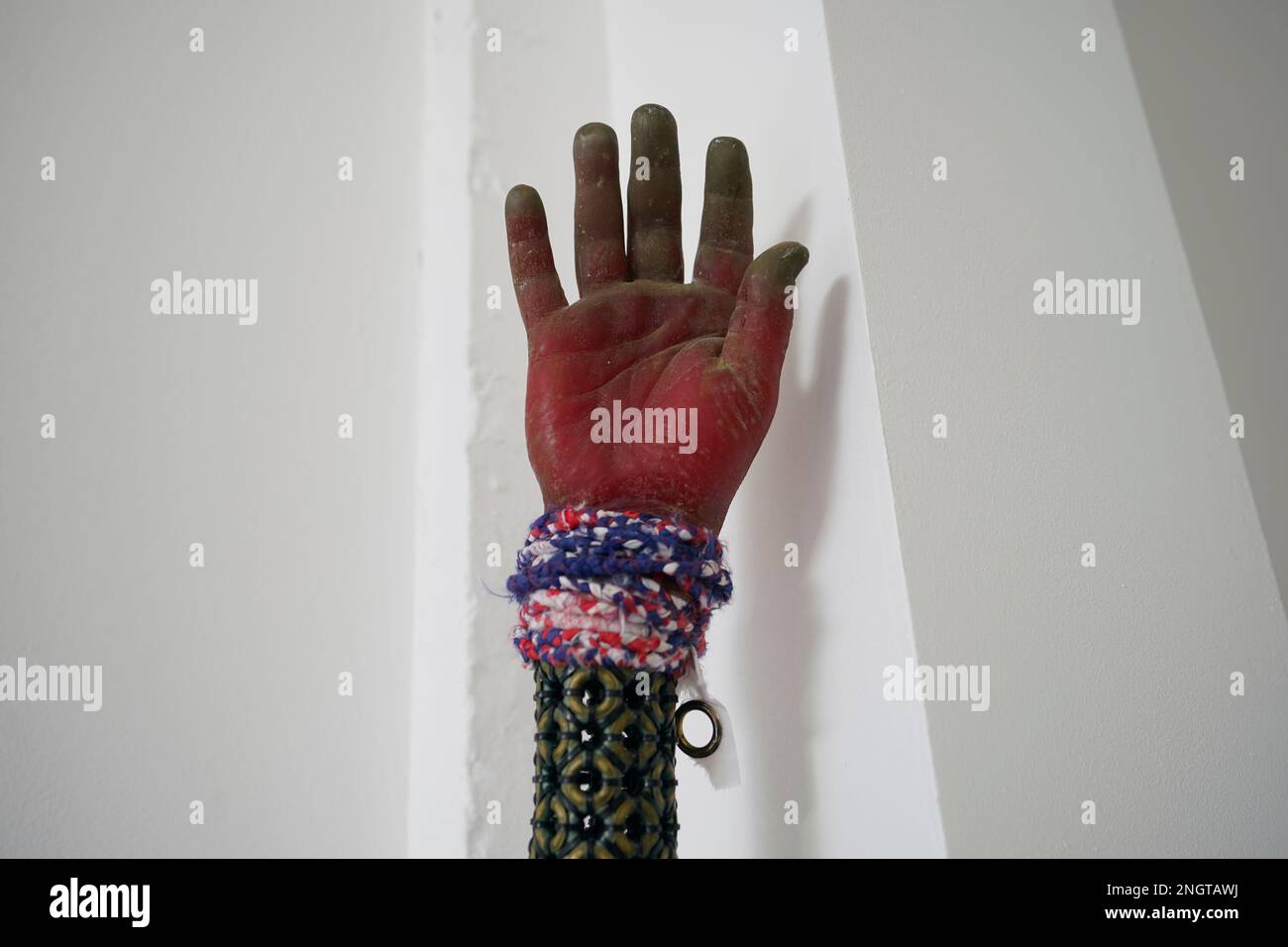 Un'opera dell'artista John Baucher intitolata 'flagpole' che usa un cast di sua mano e trova, regalò e recuperò bandiere, decostruite, lacerate e intrecciate al lancio della mostra 'Now thats what i call Vault' alla Mart Gallery di Rathmines Dublino. Data immagine: Domenica 19 febbraio 2023. Foto Stock