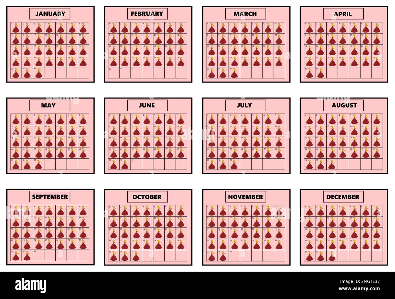 calendario per la giornata internazionale della donna, ogni giorno è la giornata della donna, campi del calendario con silhouette femminili Foto Stock