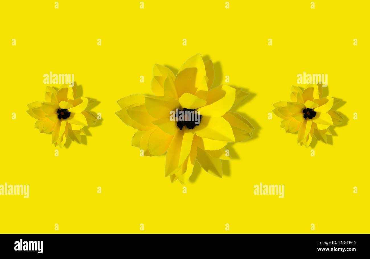 tre teste gialle di fiori artigianali su sfondo giallo Foto Stock