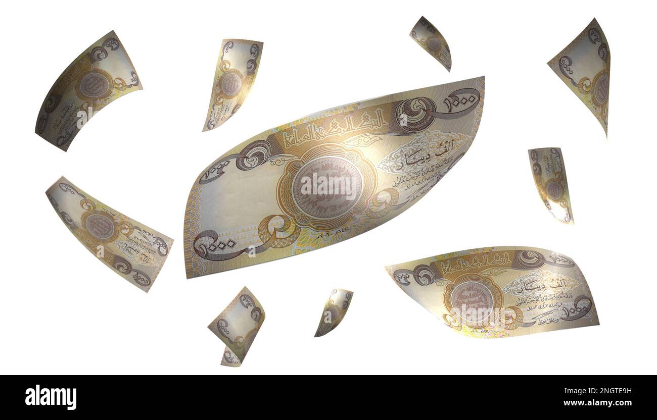 3D Illustrazione Iraq dinar banconota da denaro volante Foto Stock