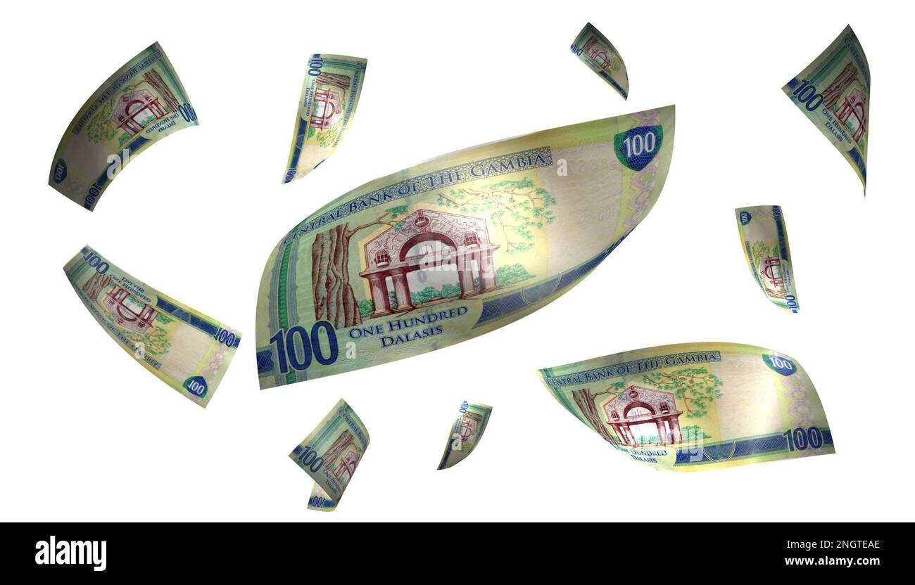 3D Illustrazione Gambia 100 banconota Dalasi Flying Money Foto Stock