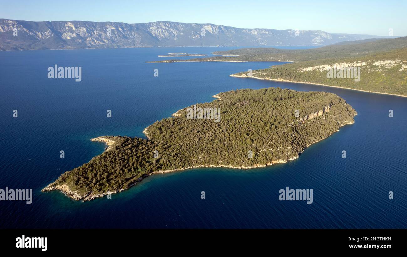 Veduta aerea dell'isola di Karaca, baia di Gökova, Turchia Foto Stock