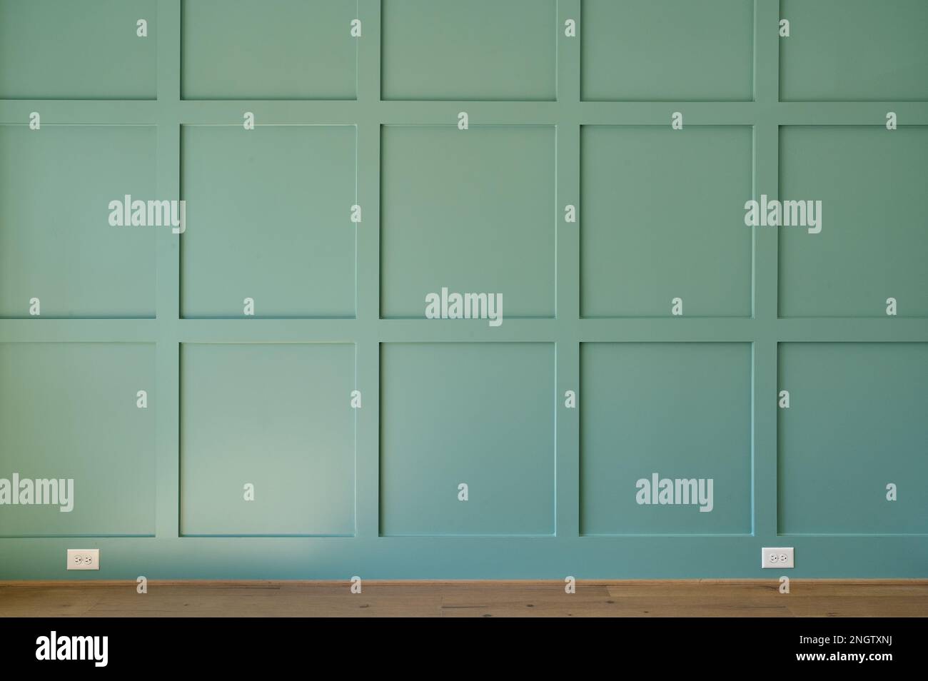 Green accento muro in Home Office con legno modello di doga Foto Stock