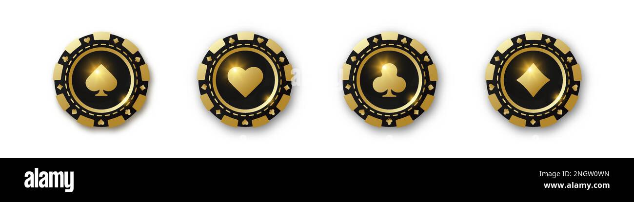Diamanti, mazze, cuori, picche. Set di chip da poker oro e nero. Gettoni per il gioco d'azzardo con tute per poker e casinò. Illustrazione vettoriale. Per ga Illustrazione Vettoriale