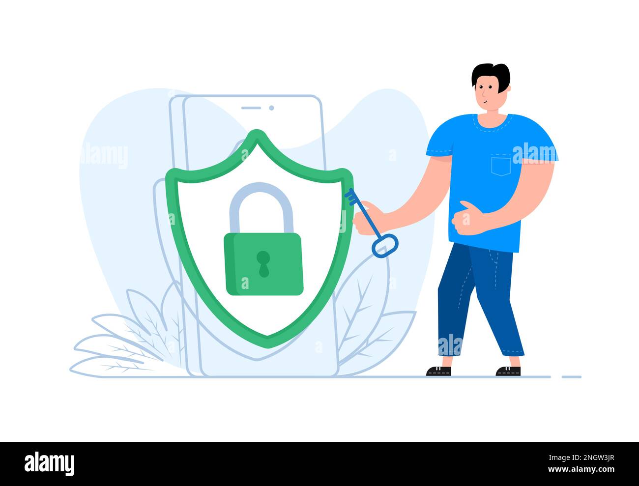 Un uomo si trova vicino allo smartphone, sulla protezione dello schermo e sul lucchetto. Opportunità, sicurezza, accesso ai dati. Illustrazione Vettoriale