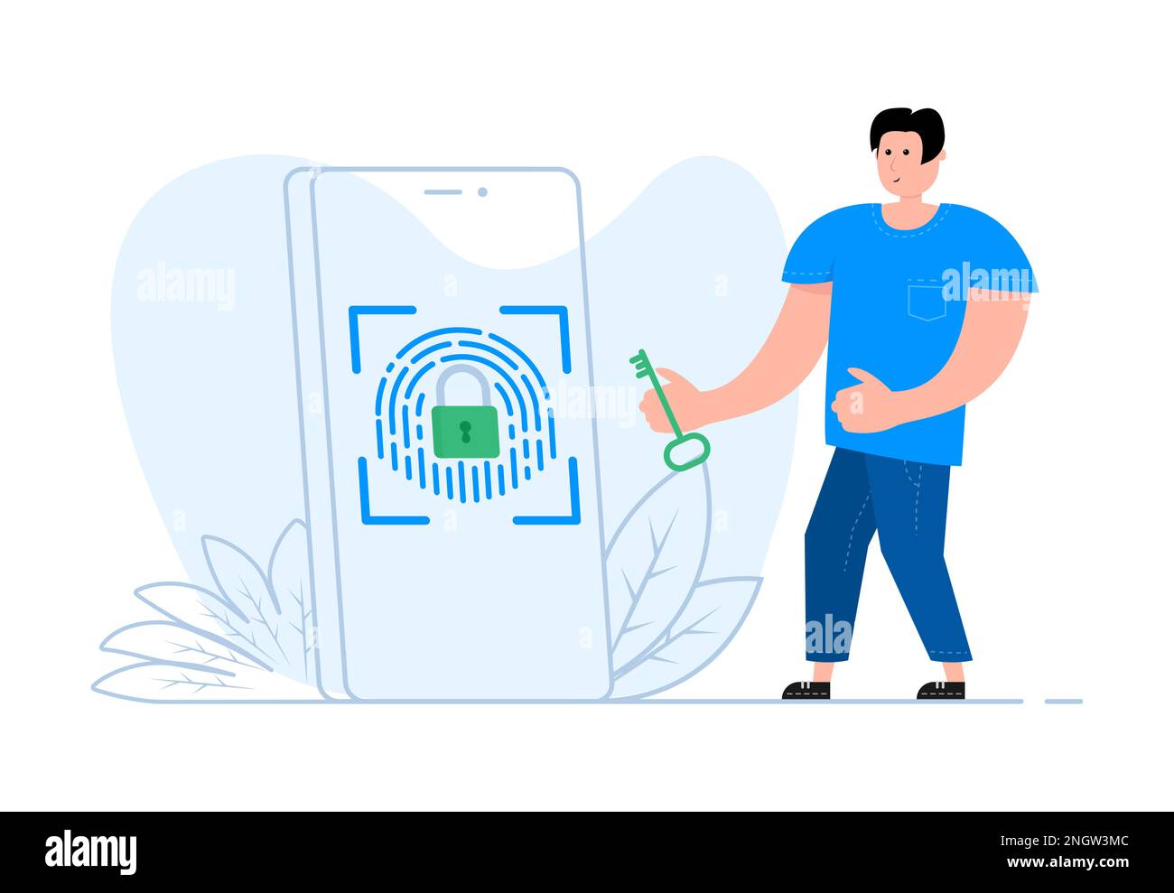 Un uomo si trova vicino allo smartphone, sullo schermo, con identificazione di sicurezza tramite impronte digitali. Illustrazione Vettoriale