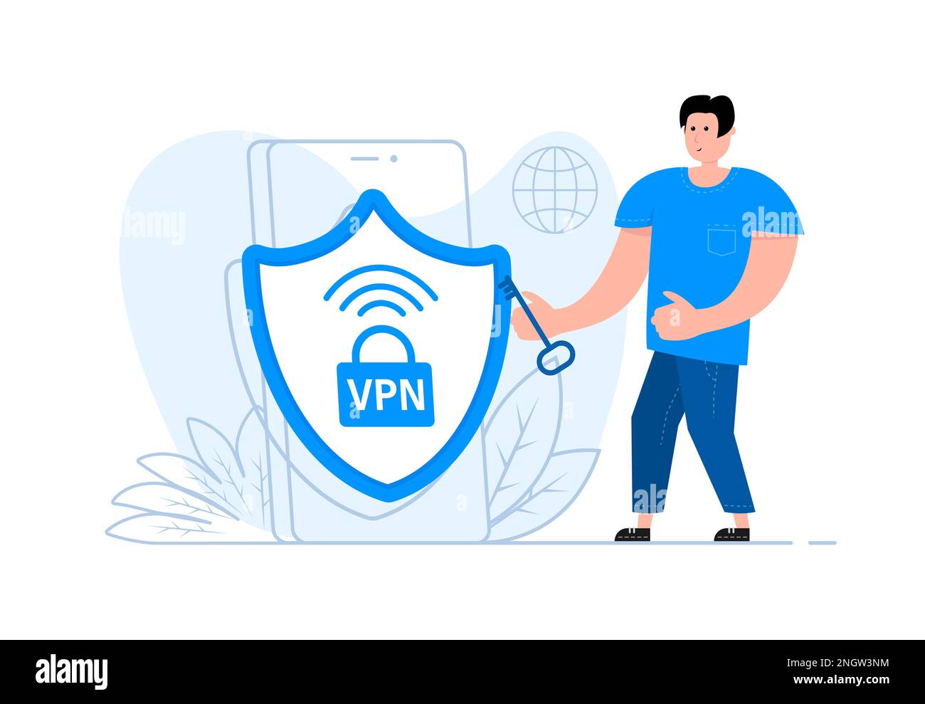 Un uomo si trova accanto allo smartphone, sull'icona VPN sullo schermo. Rete privata virtuale. Illustrazione Vettoriale