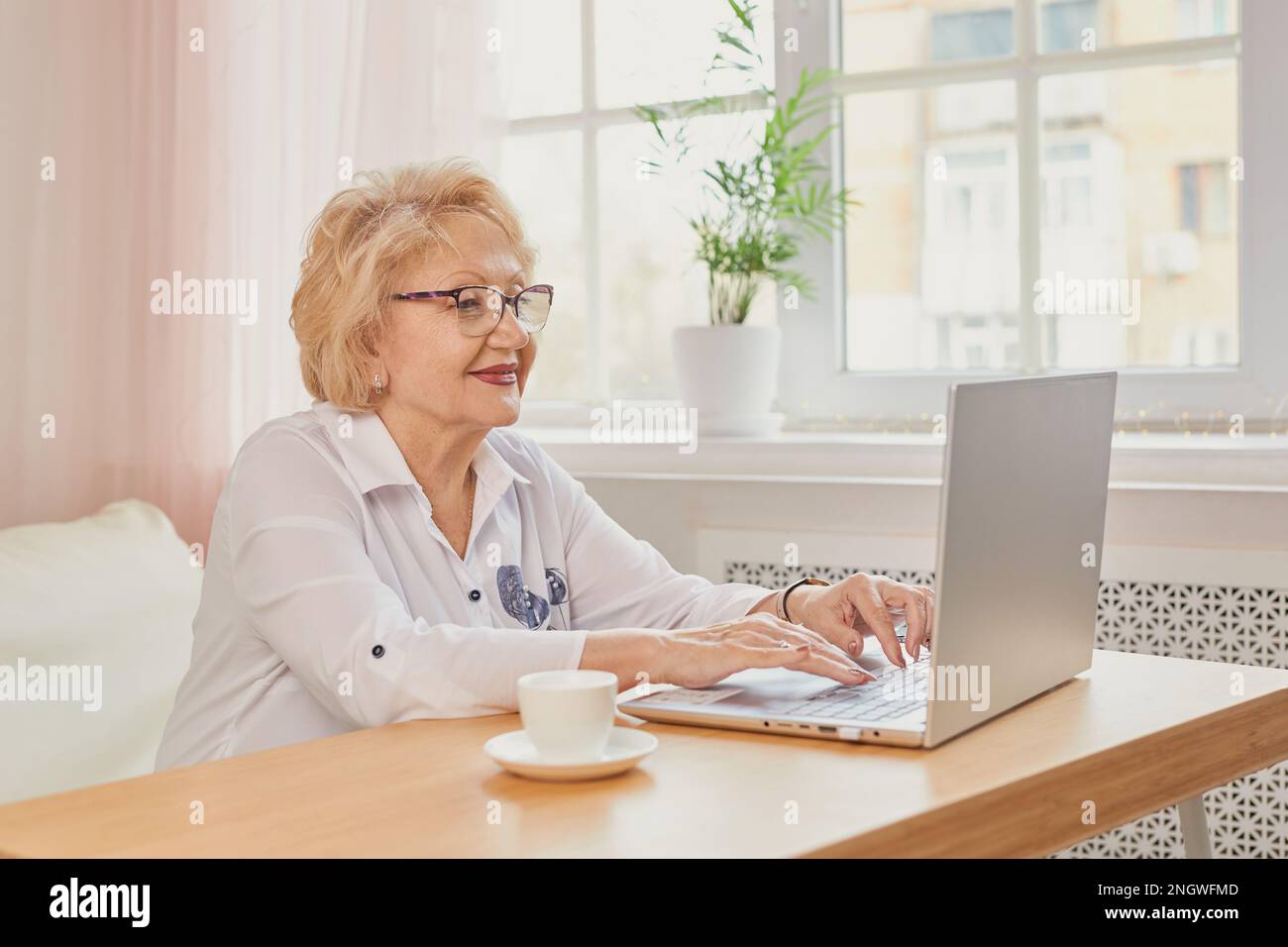 Felice matura anziana di mezza età donna che legge buone notizie guardando il laptop Foto Stock