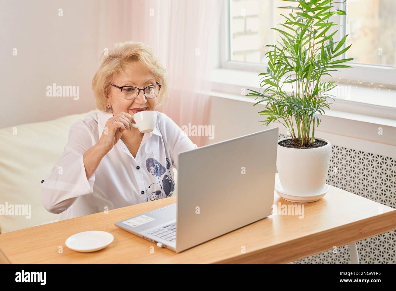Felice matura anziana di mezza età donna che legge buone notizie guardando il laptop Foto Stock