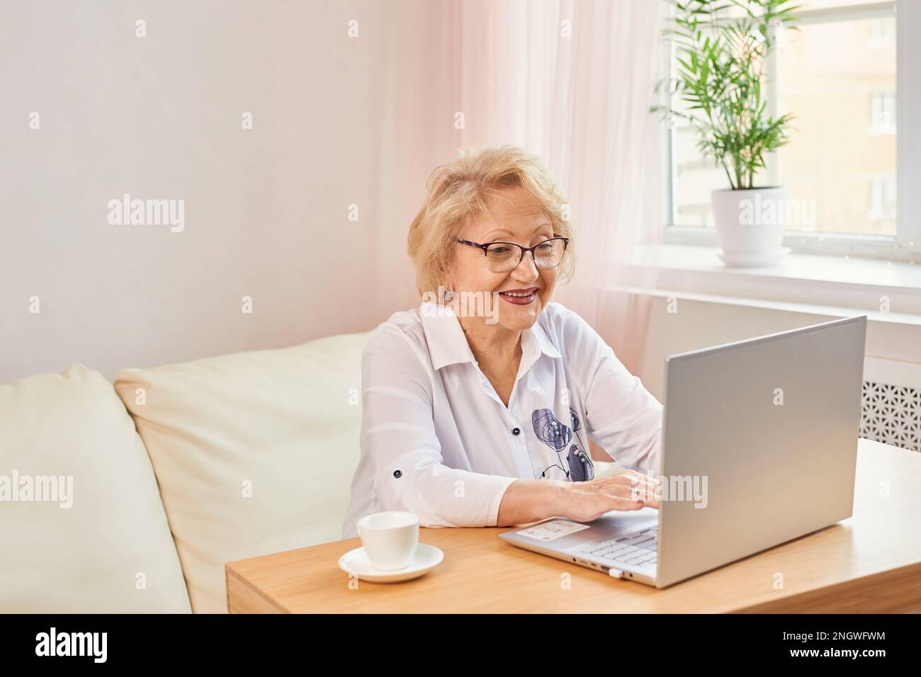 Felice matura anziana di mezza età donna che legge buone notizie guardando il laptop Foto Stock