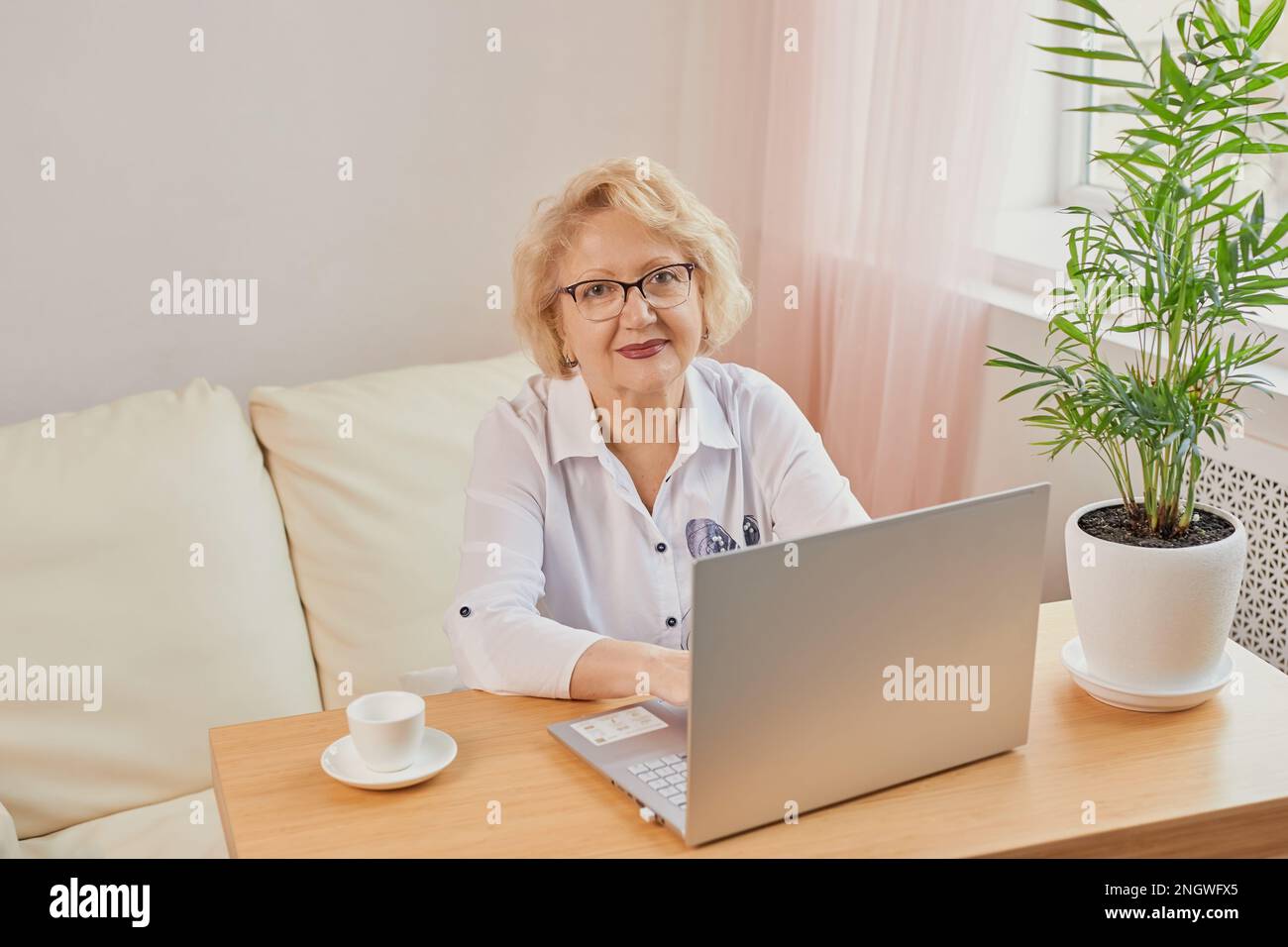 Felice matura anziana di mezza età donna che legge buone notizie guardando il laptop Foto Stock