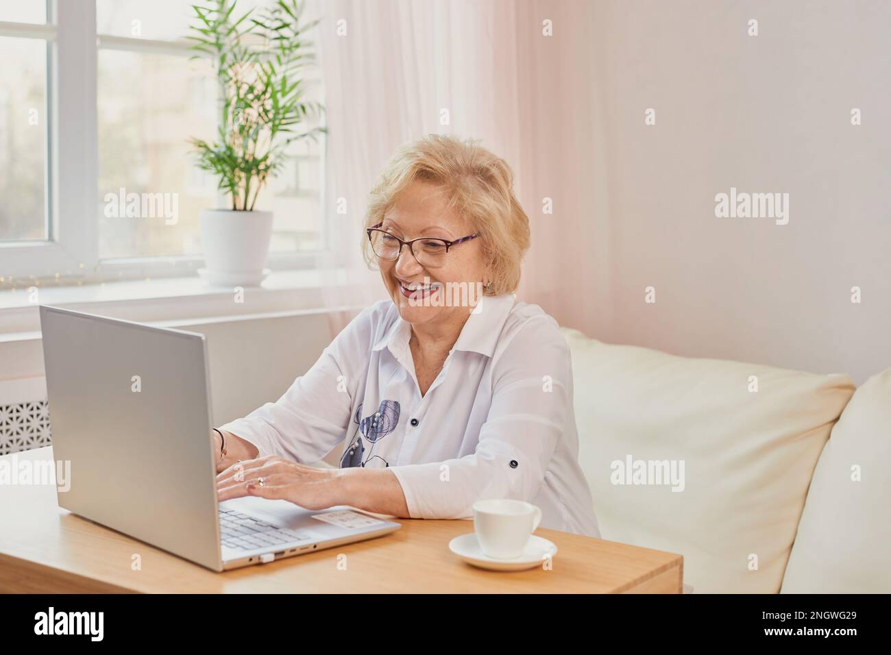 Felice matura anziana di mezza età donna che legge buone notizie guardando il laptop Foto Stock