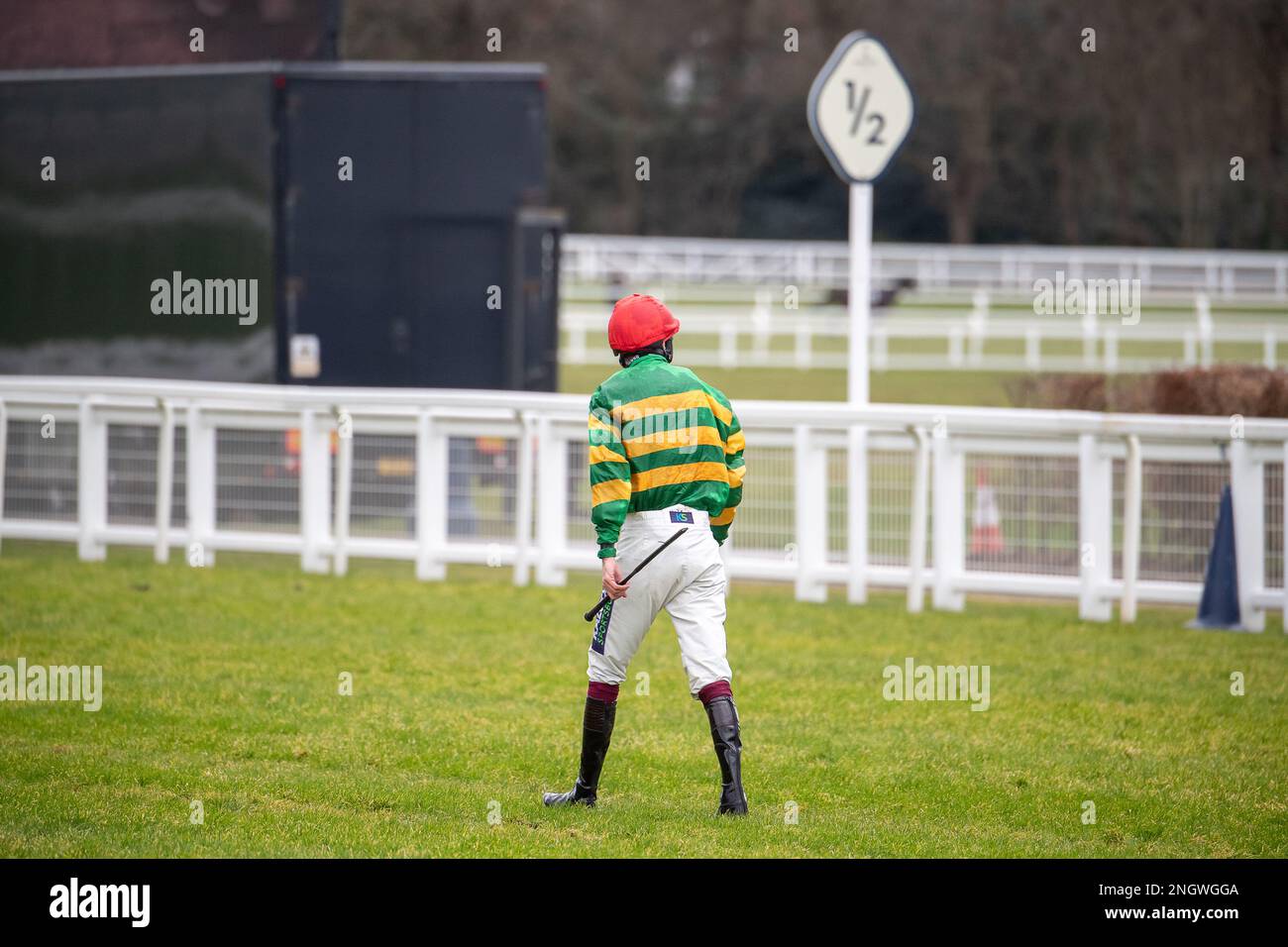 Ascot, Berkshire, Regno Unito. 18th febbraio, 2023. Jockey Aidan Coleman è stato sseduto dal cavallo Regal Encore (n. 13) dopo un salto nel LK Bennett Swinley handicap Steeple Chase all'ippodromo Ascot su Betfair Ascot Chase Raceday. Credit: Maureen McLean/Alamy Live News Foto Stock