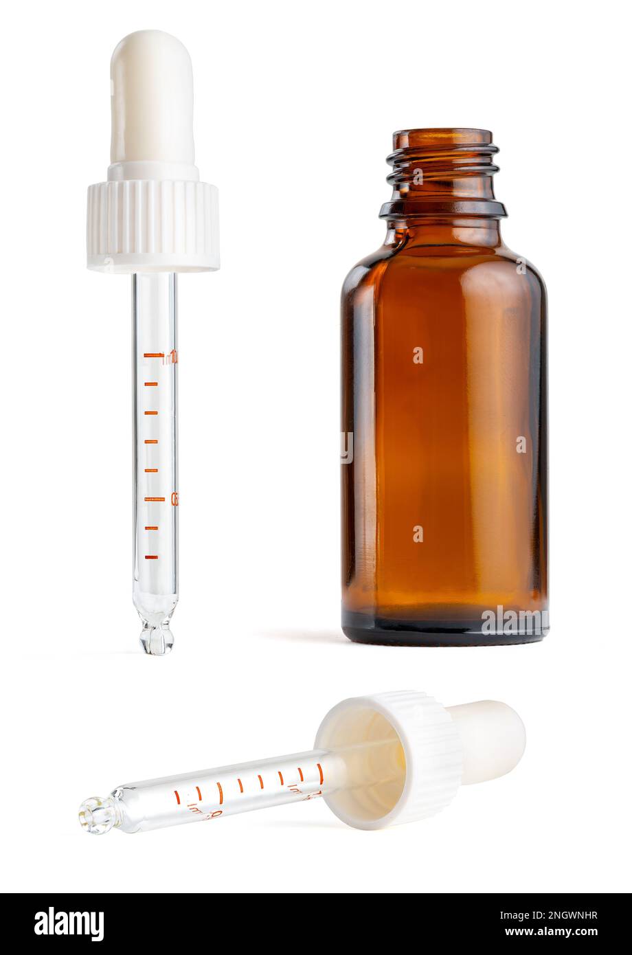 Dispenser in vetro ambrato con contagocce in due diverse angolazioni. Foto Stock