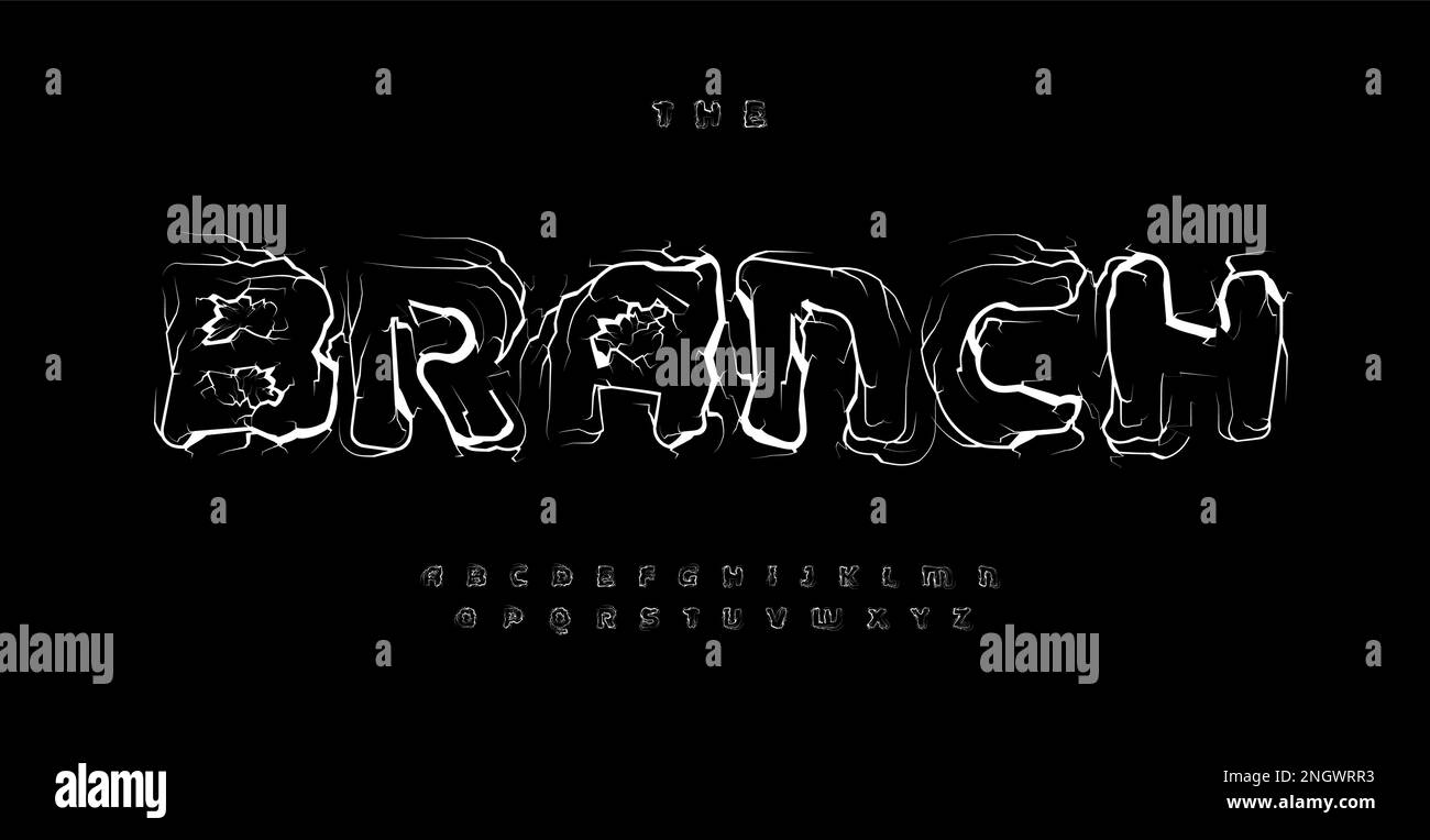 Alfabeto di stile di radice o di ramo, lettere di crack o di fulmine, fiume o carattere di vene per il logo di Halloween, titolo spaventoso, tipografia psico, typo di gioco Illustrazione Vettoriale