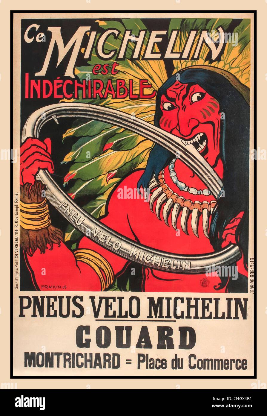 Pneumatico Bicyle indestruttibile Michelin d'epoca, con una caricatura razzista non PC di un indiano nordamericano che tenta di forare uno pneumatico con i denti. "CE MICHELIN est Indechirable" Pneus velo Michelin GOUARD" Montrichard= Place du Commerce France Foto Stock