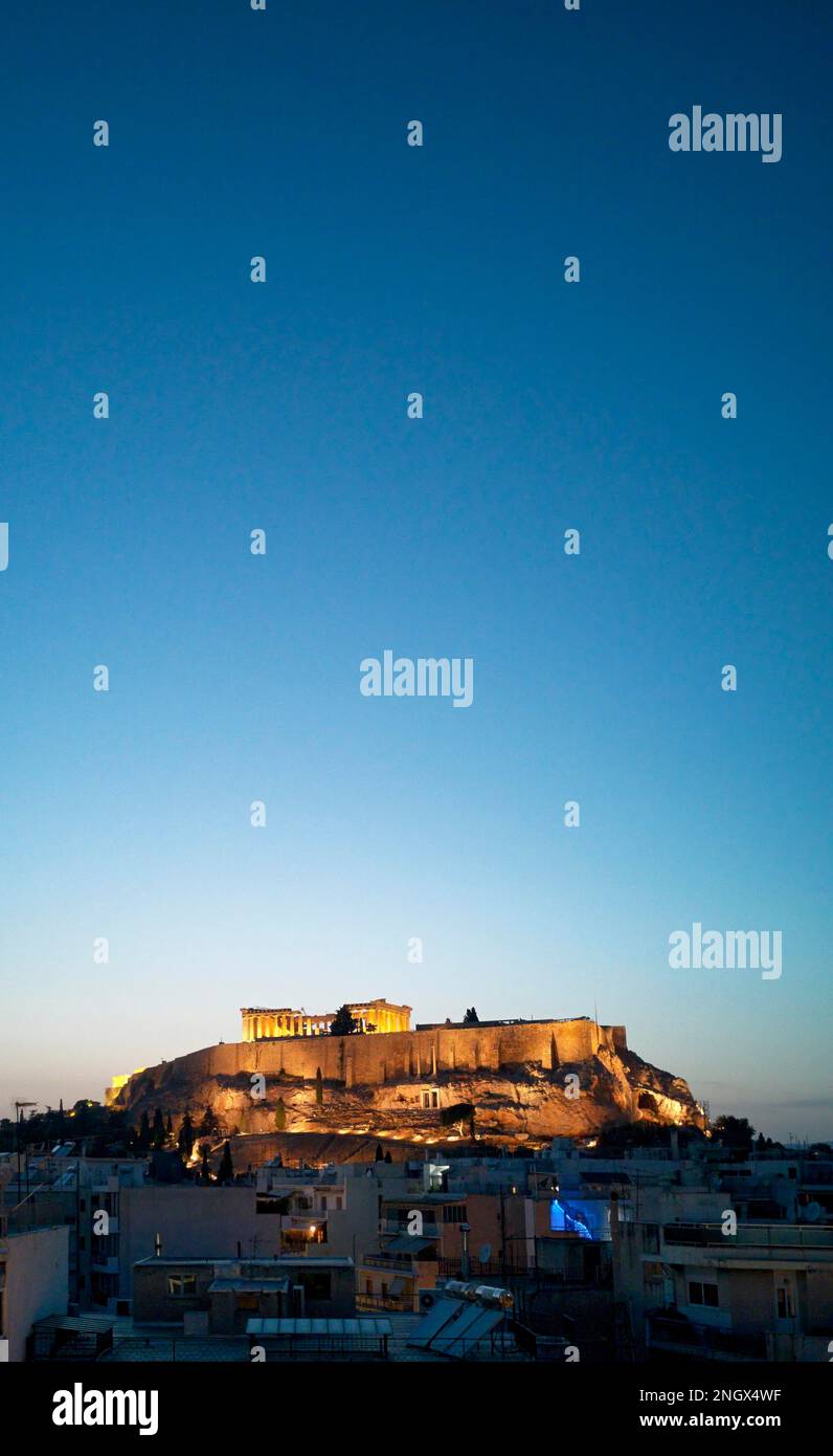 Atene Grecia. Tramonto all'Acropoli e il Partenone Foto Stock