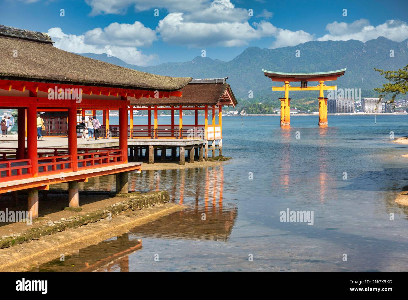 Itsukushima Miyajima Giappone. Santuario di Itsukushima e porta galleggiante dei torii Foto Stock