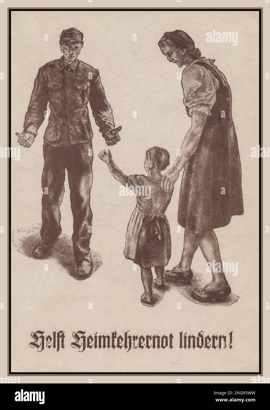 WW2 Germania nazista 'Aiutaci ad alleviare il disturbo della casa' 1940s informazioni propaganda cartellone con madre e bambino saluto un soldato tedesco nazista Wehrmacht di ritorno dai combattimenti nella seconda guerra mondiale tornando a casa. Foto Stock