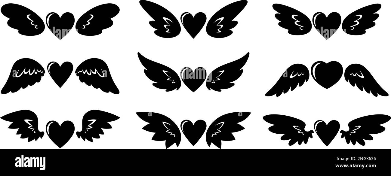 Cuori neri con silhouette a ali. Collezione di icone del cuore, decorazioni isolate di giorno di San Valentino volanti. Amore piatto romantici simboli vettoriali Illustrazione Vettoriale
