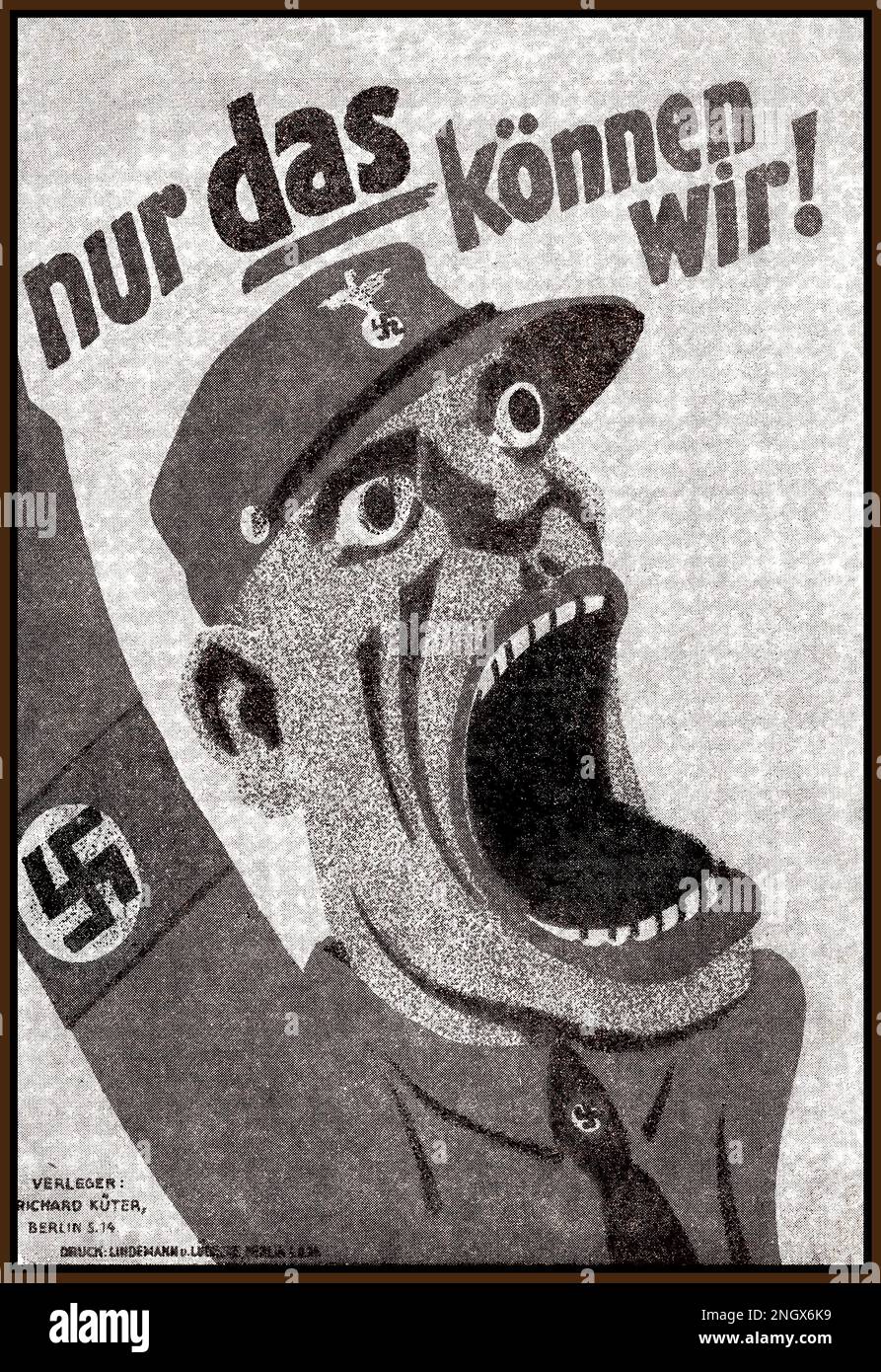 Nazisti 1930s Sturmabteilung propaganda scheda poster 'questo è tutto quello che possiamo fare' ( nur das können wir) con soldato paramilitare con fascia da braccio swastika e cappello, caricatura cartoon gridare la sua frase di reclutamento. Germania nazista 1930s Foto Stock