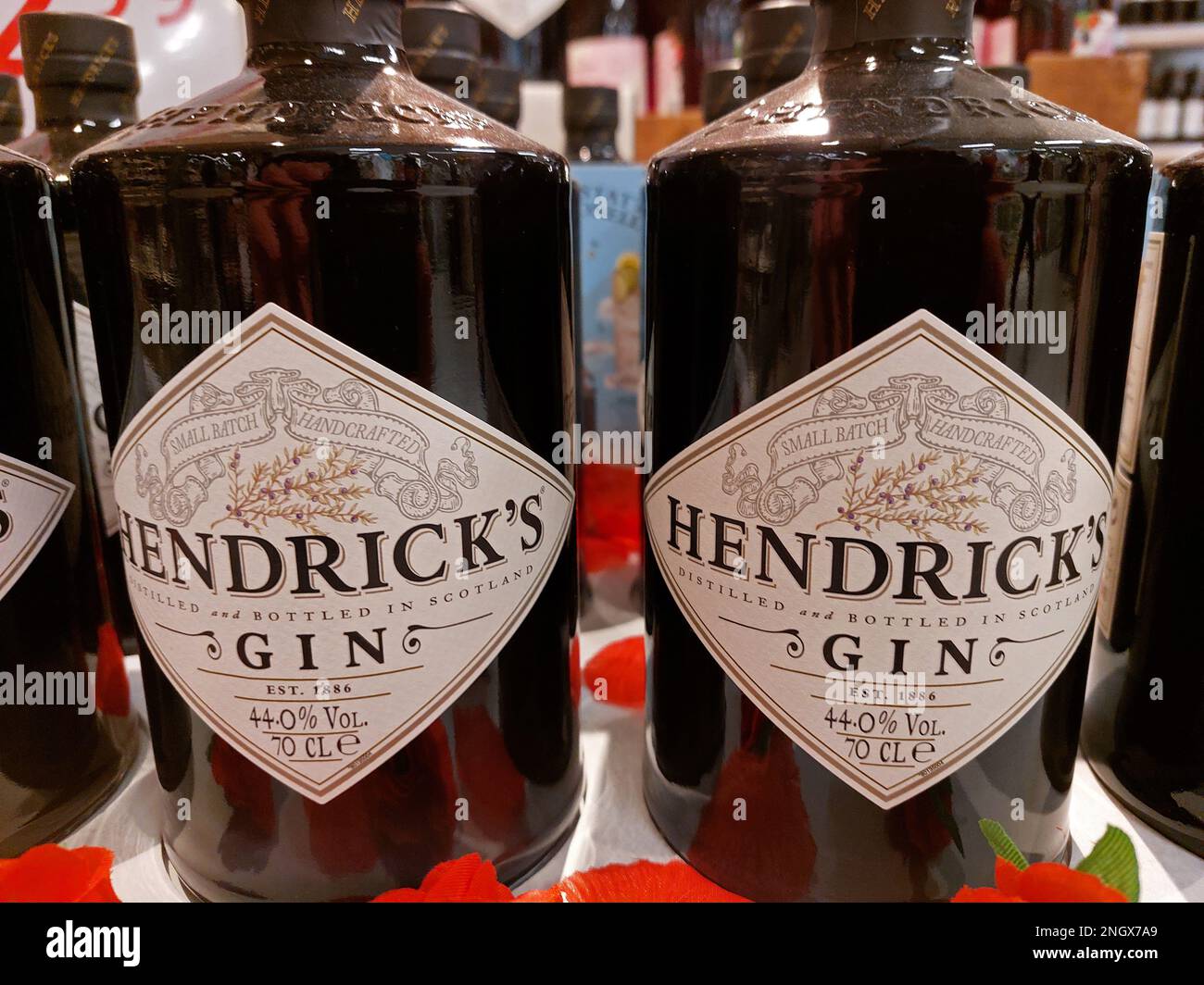 Bottiglie di gin Hendricks in un supermercato Foto Stock