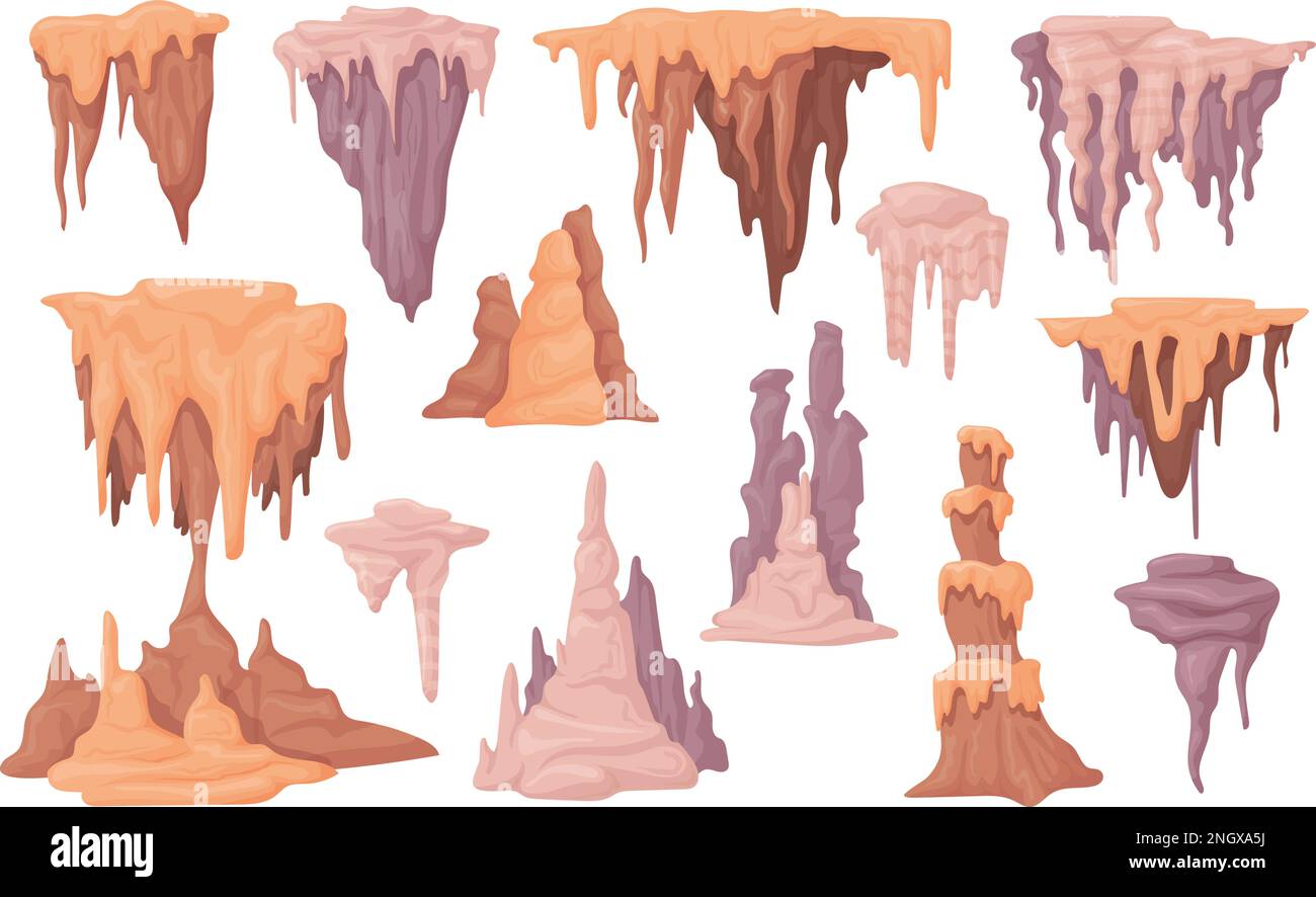 Stalagmiti. Stalagmite e stalattite grotta subacquea o caverna di pietra, formazioni calcaree speleologia geologica roccia spike struttura minerale vettore illustrazione di stalagmite roccia stalattite Illustrazione Vettoriale