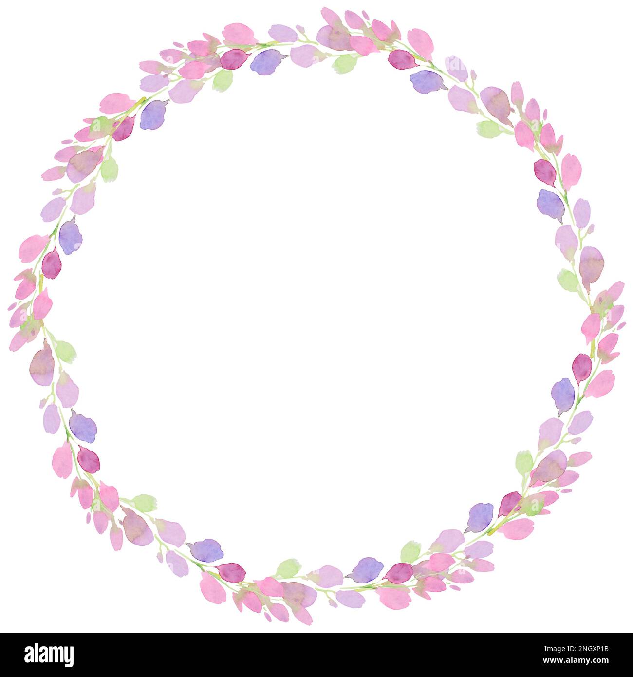 cornice in glicine rosa e viola, rami e fiori, illustrazione in acquerello. Foto Stock