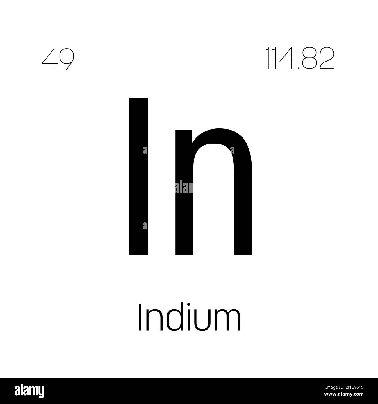 Indio, in, elemento tavola periodica con nome, simbolo, numero atomico e peso. Metallo con vari usi industriali, come in schermi LCD, celle solari, e come componente di certe leghe. Illustrazione Vettoriale